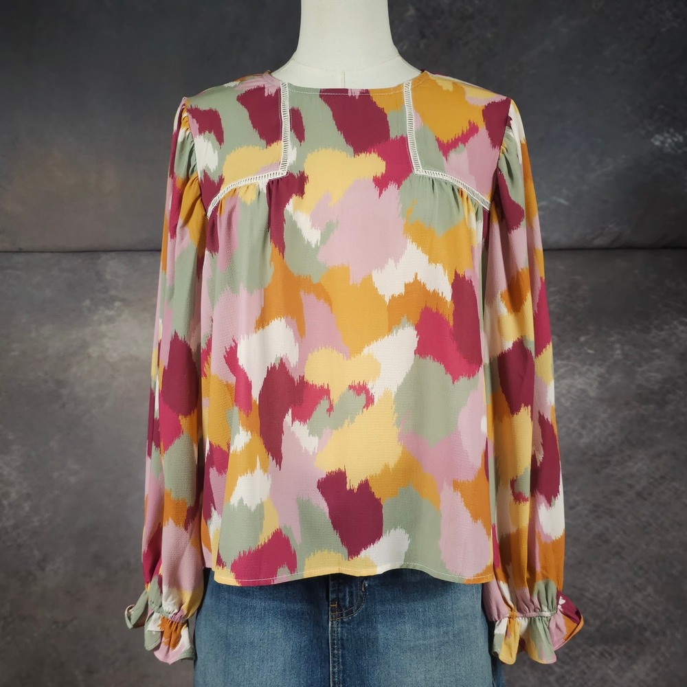 Avara Blouse Small Abstract Brushstroke Long Ballon Sleeve Lace Boho Coastal